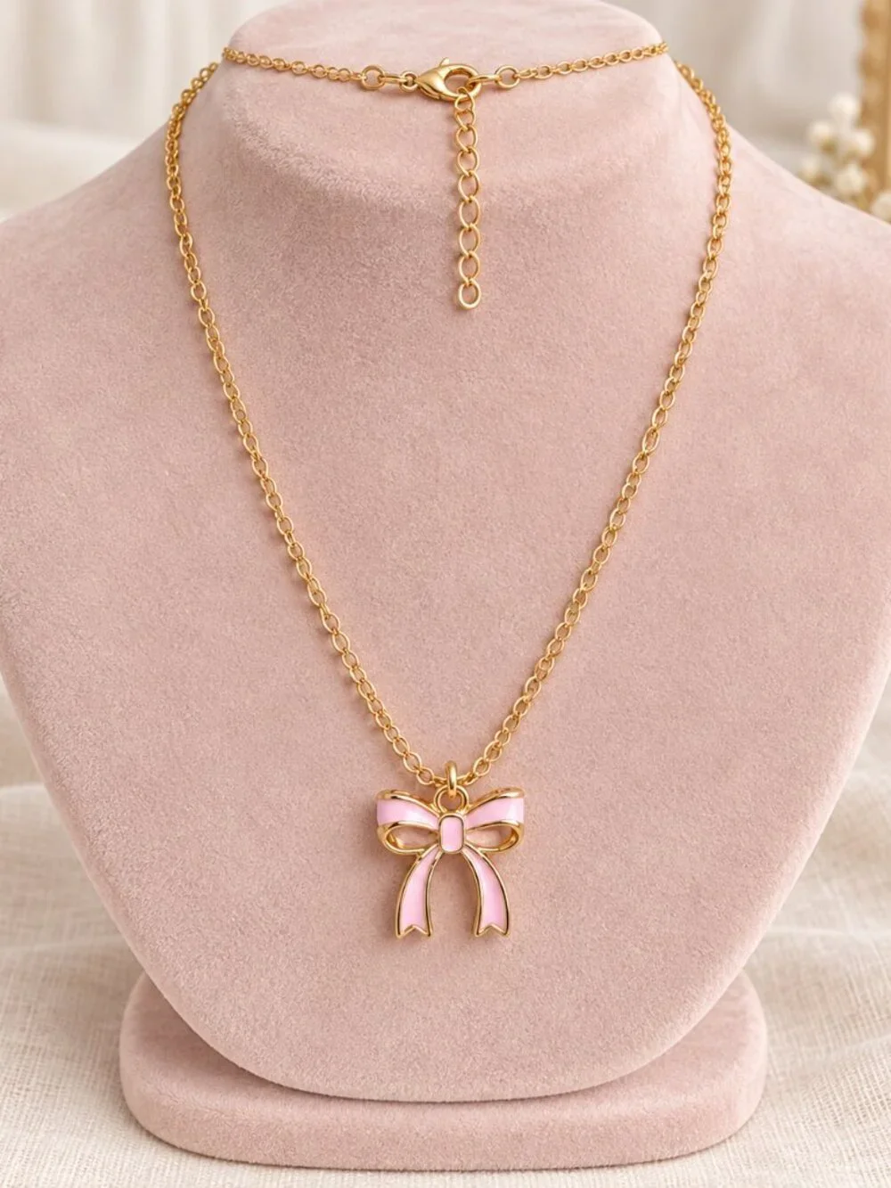 Gold Tone Pink Enamel Bow Heart Charm Layering Necklace Set NWT